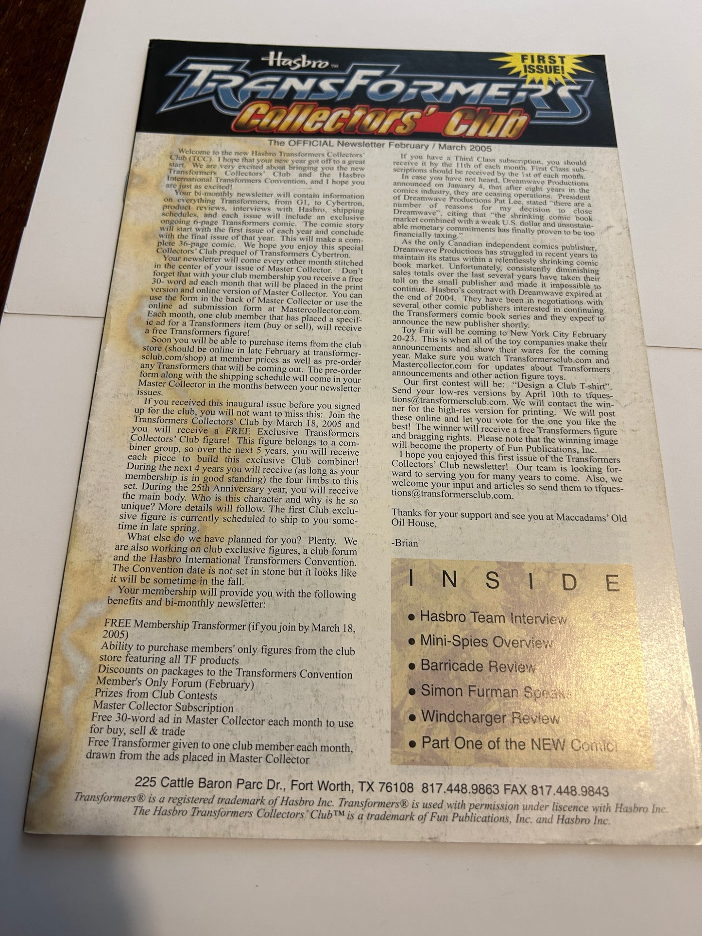 TF Botcon / TFCC membership mailer #01 FIRST EXCITING ISSUE