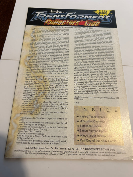 Botcon / TFCC membership mailer #01 FIRST EXCITING ISSUE