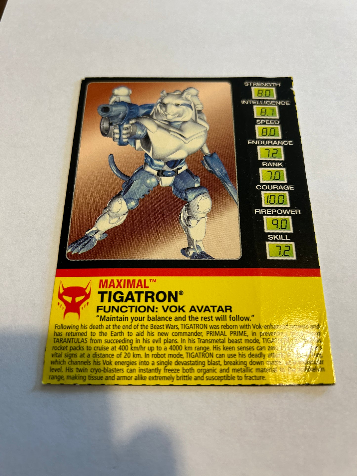 Botcon  / TFCC 2001 Transmetal Tigatron tech spec card